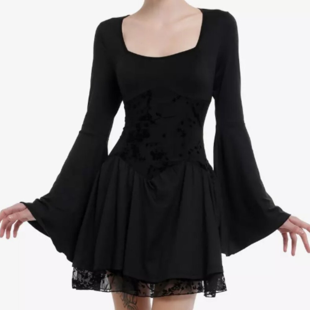 GOTHIC MINI BLACK VELVET FLORAL PANELED BELL SLEEVE DRESS XL